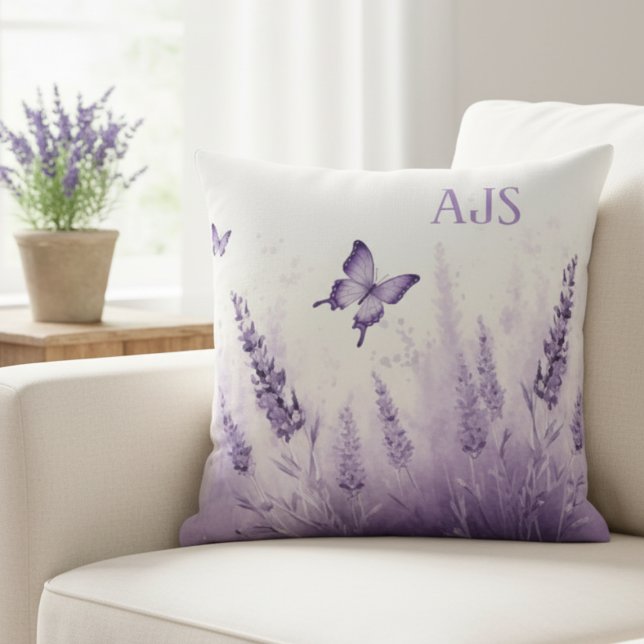 Lavender Butterfly – Aesthetic Home Gift Cushion (Lavender and Butterflies Decorative monogram pillow)