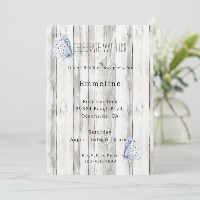 Lavender Butterfly Dreams Faux Wood Birthday Invitation (Standing Front)