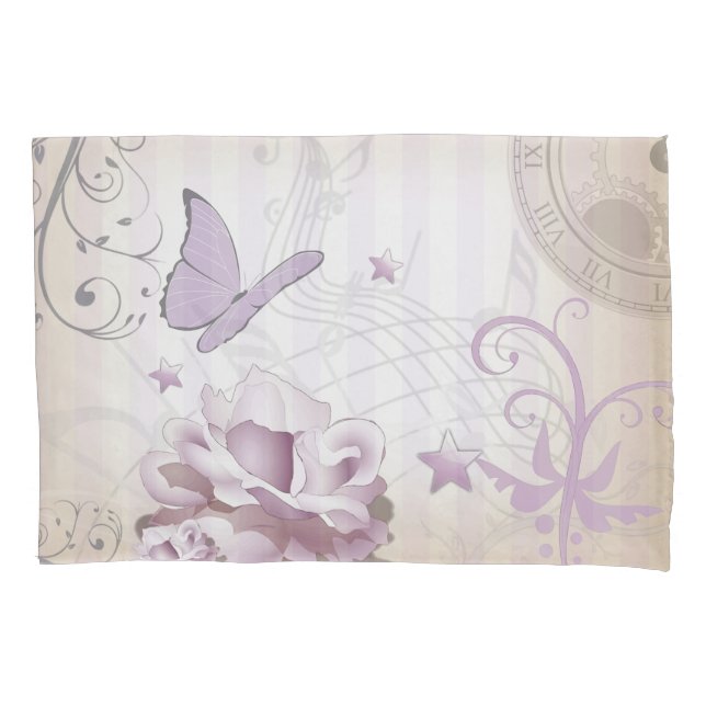 Lavender Butterfly, Music Staffs & Clocks Vintage Pillowcase (Front)