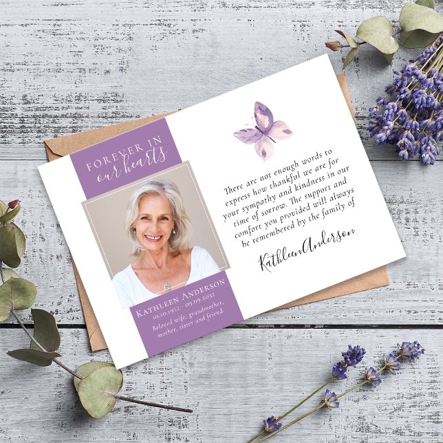 Lavender Butterfly Photo Funeral Thank You Cards (Creator Uploaded)