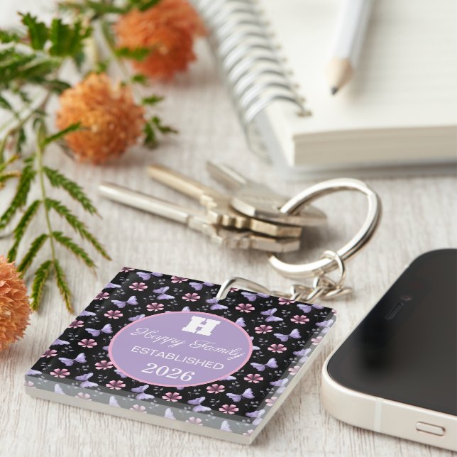 Lavender Butterfly & Pink Floral Seamless Pattern Key Ring (Front Right)