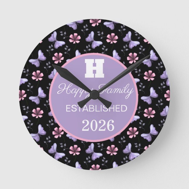 Lavender Butterfly & Pink Floral Seamless Pattern Round Clock (Front)