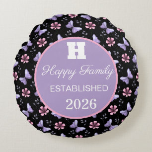 Lavender Butterfly & Pink Floral Seamless Pattern Round Cushion