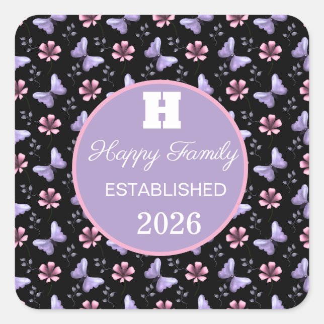 Lavender Butterfly & Pink Floral Seamless Pattern Square Sticker (Front)