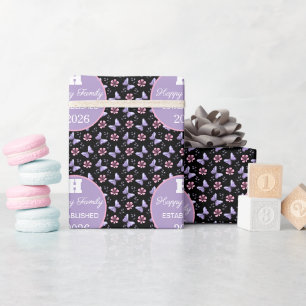 Lavender Butterfly & Pink Floral Seamless Pattern Wrapping Paper