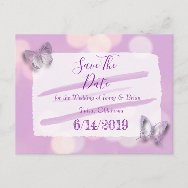 Lavender Butterfly Wedding Save the Date Postcard (Front)