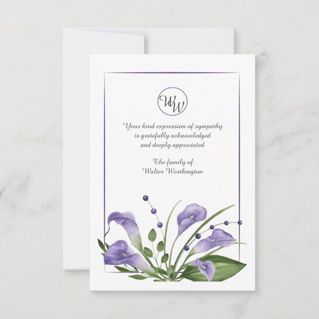Lavender Calla Lilies Sympathy Thank You Card (Front)