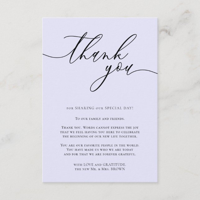 Lavender Calligraphy Simple Custom Photo Thank You Enclosure Card (Front)