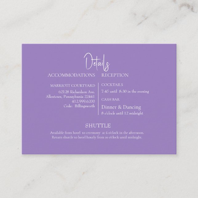 Lavender Cash Bar & Shuttle Wedding Enclosure Card (Front)