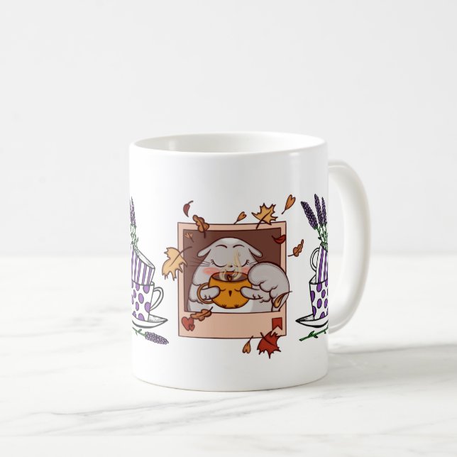 Lavender Cat Coffee Drink Poster – Charming Feline Coffee Mug (Front Right)