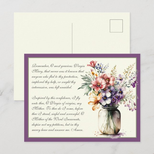 Lavender Catholic Memorare Prayer to Virgin Mary Postcard (Front/Back)
