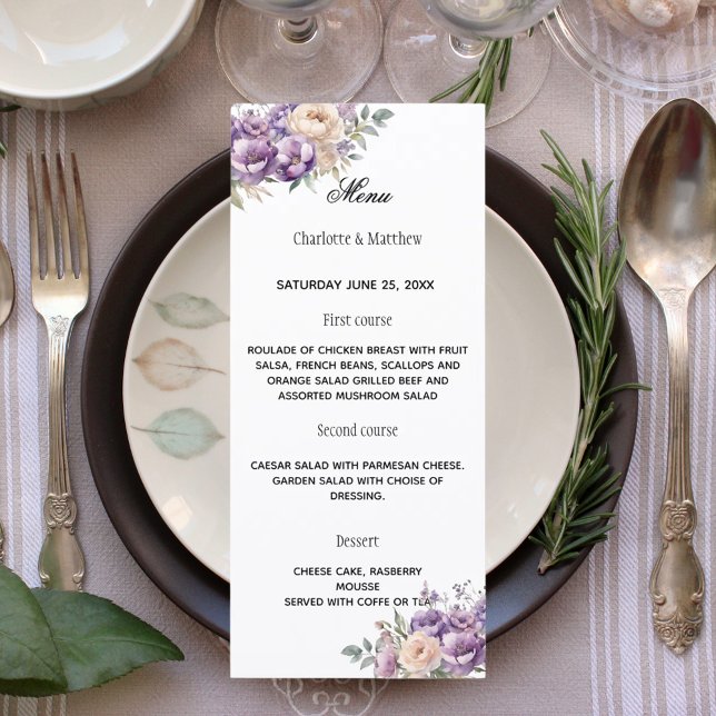 Lavender champagne cream floral wedding menu (Creator Uploaded)