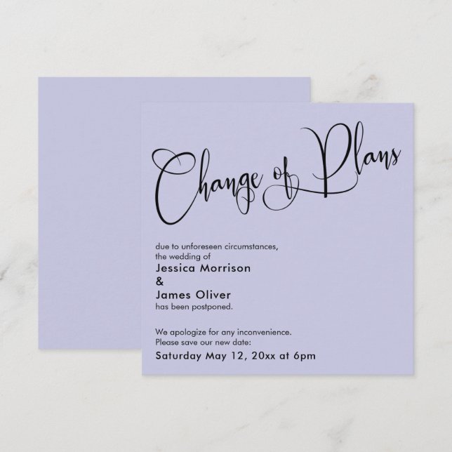 Lavender Change of Plans Postponed Wedding Card (Front/Back)