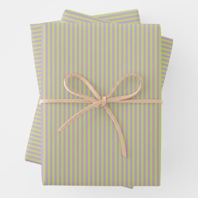 Lavender Chartreuse Preppy Retro Stripe Pattern Wrapping Paper Sheet (In situ)