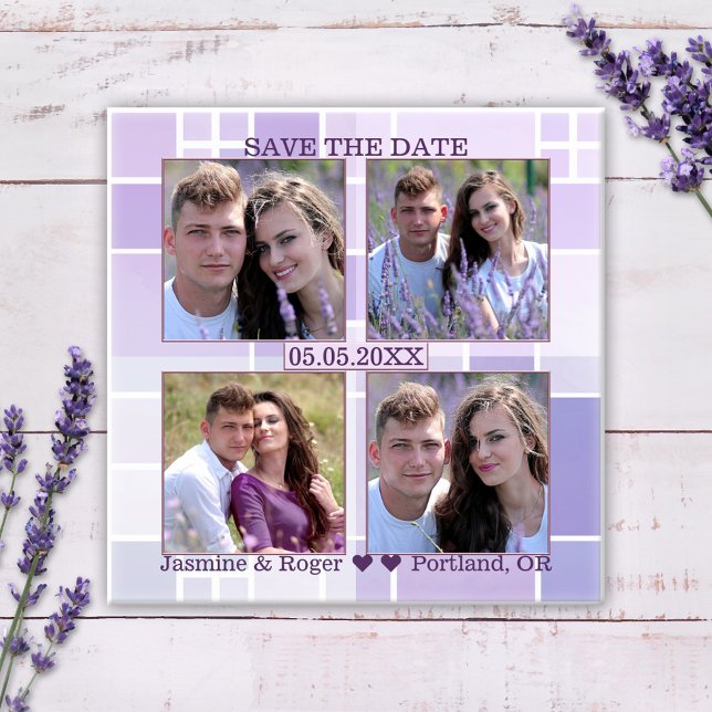Lavender Checkered Photo Save the Date Magnet (Save the Date magnet featuring your own 4 photos framed by a checkered lilac and lavender background)