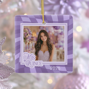 Lavender Chequerboard Photo Quinceanera Keepsake Ceramic Ornament