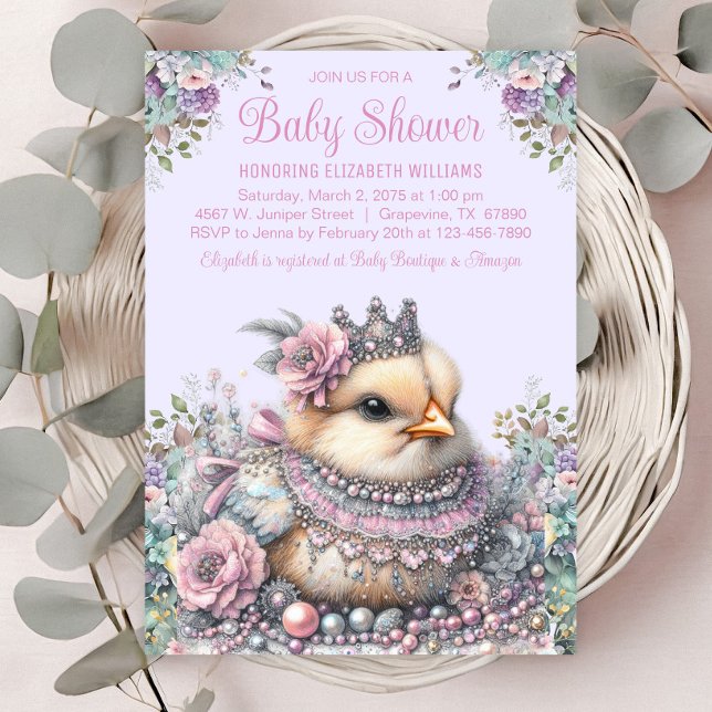 Lavender Chick Baby Shower Invitation (Beautiful little chick with crown and jewels on a pastel floral background. )