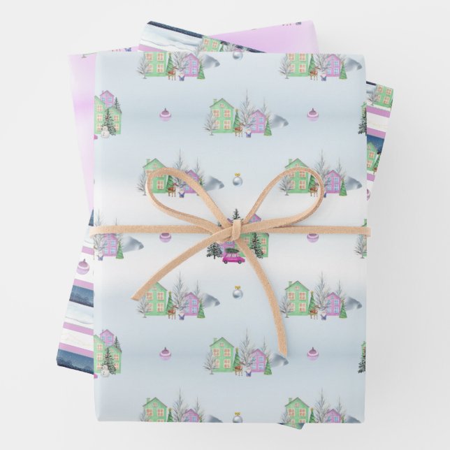 Lavender Christmas village  Wrapping Paper Sheet (In situ)