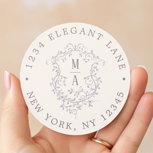 Lavender Classic Floral Crest Return Address  Round Sticker (Creator Uploaded)
