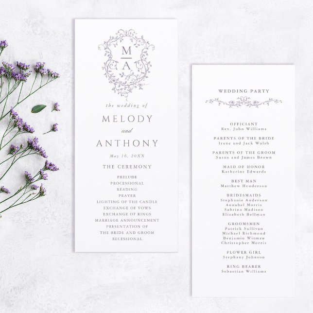 Lavender Classic Floral Crest Wedding Ceremony Programme (Front & Back)
