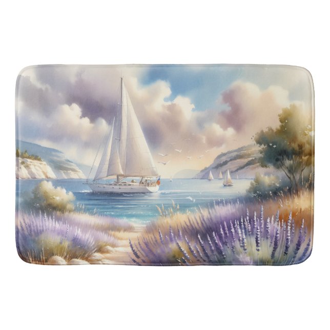 Lavender Coast Sailboat Watercolor Scene Bath Mat (Front)