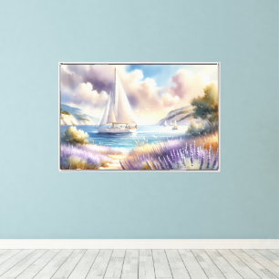 Lavender Coast Sailboat Watercolor Scene Canvas Print