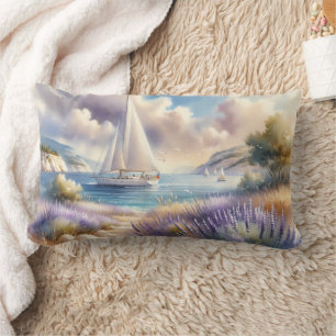 Lavender Coast Sailboat Watercolor Scene Lumbar Cushion