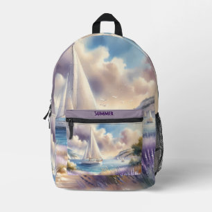 Lavender Coast Sailboat Watercolor Scene Printed Backpack