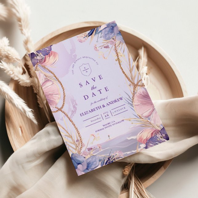 Lavender Coastal Seashell Rope Wedding Save The Date (Creator Uploaded)
