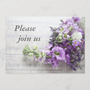 lavender-coloured flowers on music wedding invite