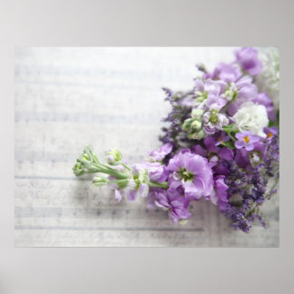 lavender-coloured flowers on old music poster