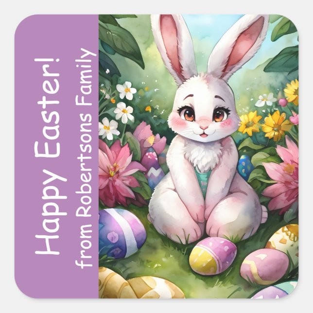 Lavender Colourful Floral Bunny Easter Eggs Square Sticker (Front)