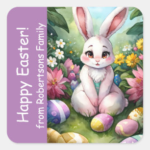 Lavender Colourful Floral Bunny Easter Eggs Square Sticker