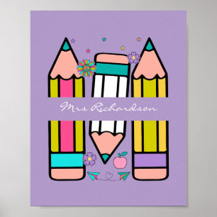 Lavender Colourful Teacher Cartoon Pencil Poster