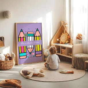 Lavender Colourful Teacher Cartoon Pencil Poster