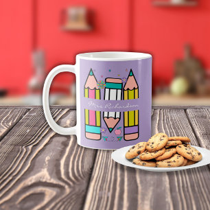 Lavender Colourful teacher name pencil cartoon  Coffee Mug