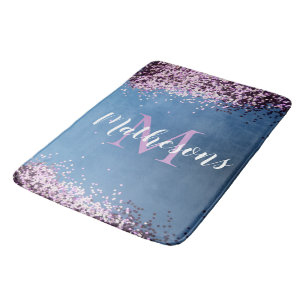 Lavender Confetti on Blue Monogram Name Fun Bath Mat