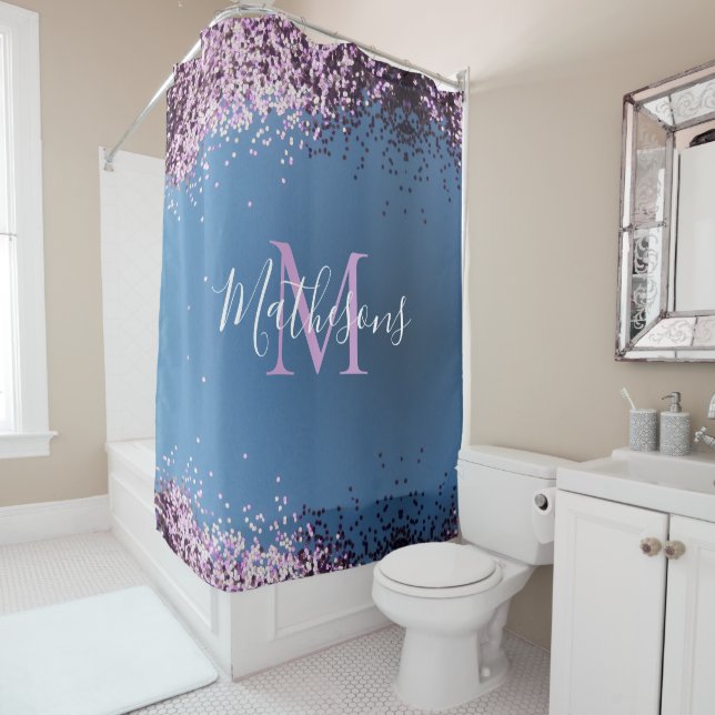 Lavender Confetti on Blue Monogram Name Shower Curtain (In Situ)