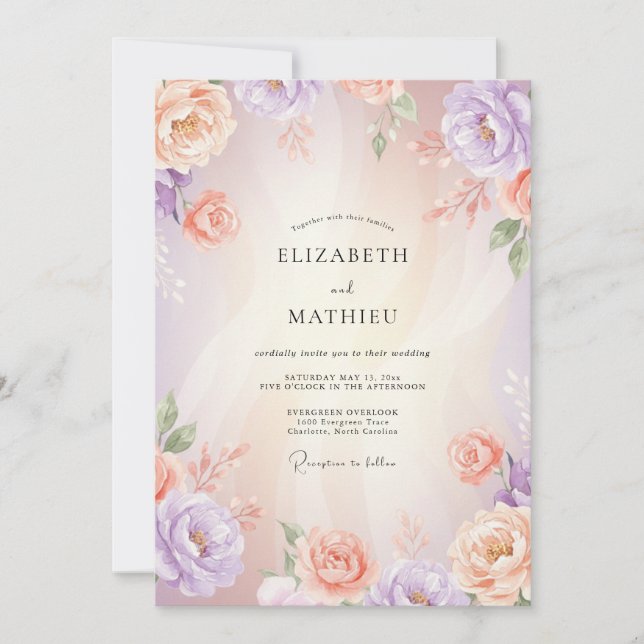 Lavender Coral Ranunculus Eucalyptus Wedding Invitation (Front)