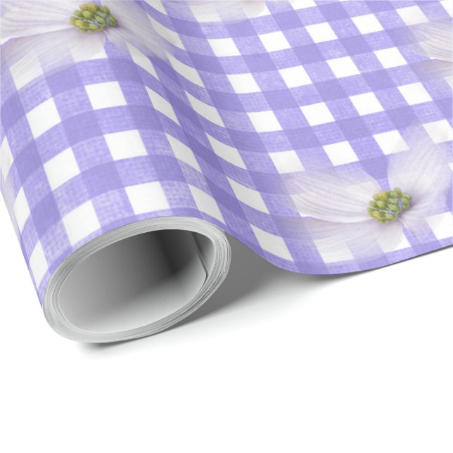 Lavender Cosmos Flowers On Gingham Wrapping Paper (Roll Corner)