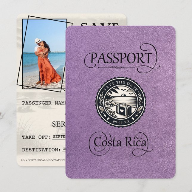 Lavender Costa Rica Passport Save The Date (Front/Back)