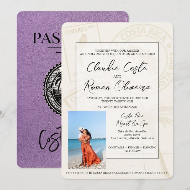 Lavender Costa Rica Passport Wedding Invitation (Front/Back)