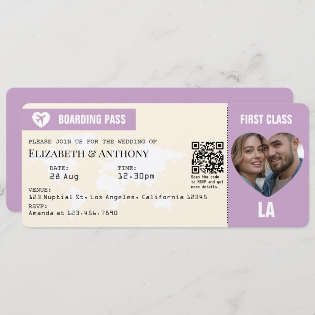 Lavender & Cream Boarding Pass Wedding Invitation (Front/Back)