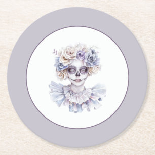 Lavender Cream Floral Girl Halloween Round Paper Coaster