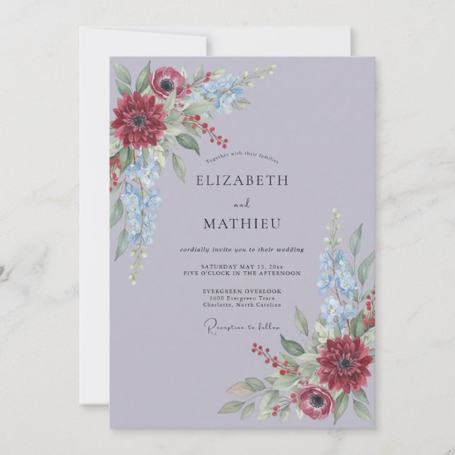 Lavender Crimson Elegant Floral Wedding Invitation (Front)