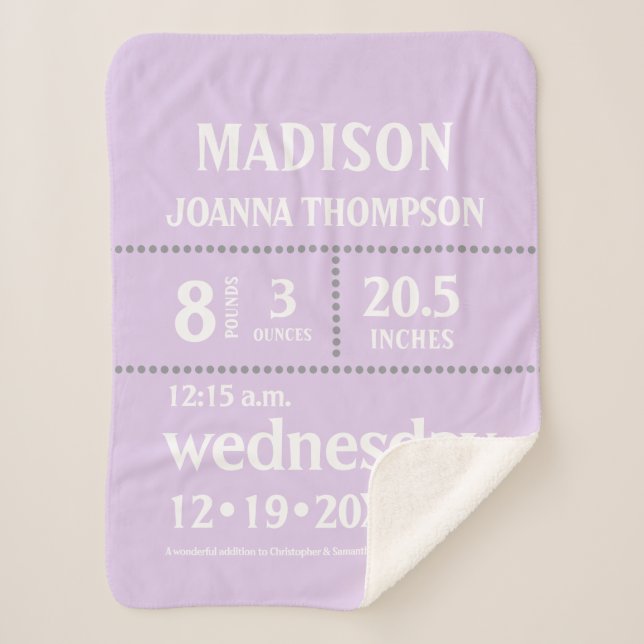 Lavender Cute Baby birth Stats announcement Sherpa Blanket (Front)