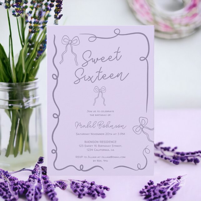 Lavender cute bows ribbons illustrations Sweet 16 Invitation (Lavender cute bows ribbons illustrations Sweet 16 Invitation)