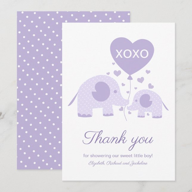 Lavender Cute Elephant Baby Shower Thank You Invitation (Front/Back)