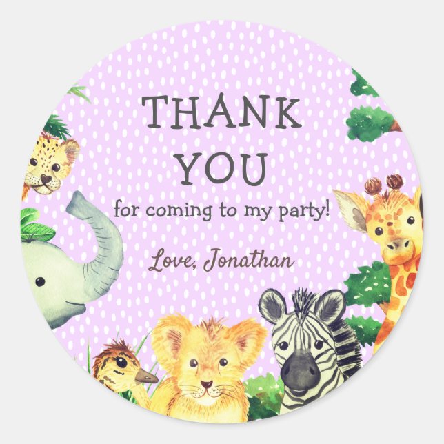 Lavender Cute Jungle Animals Thank You Birthday Classic Round Sticker (Front)