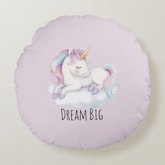 Lavender Cute Unicorn on a Cloud Dream  Round Cushion (Front)